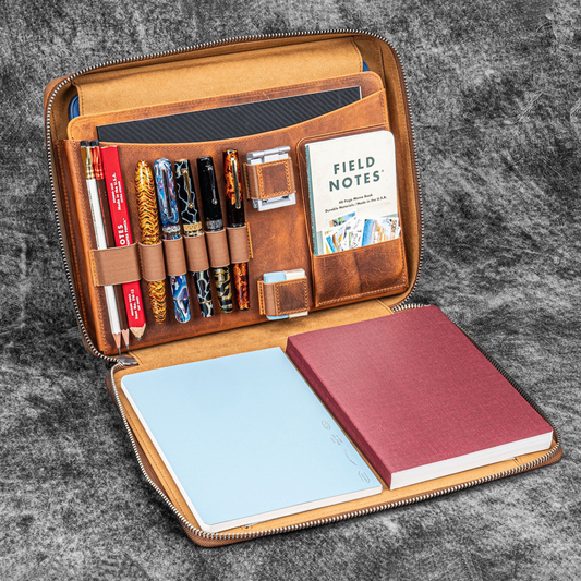 Galen Leather Zippered A4 Folio Compendium Bag - Crazy Horse Brown