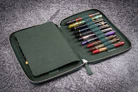 Galen Leather Zippered 20 Slots Pen Case - Crazy Horse Navy Blue
