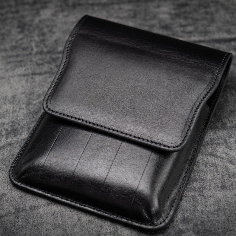 Galen Leather 5 Slots Flap Pen Case - Black