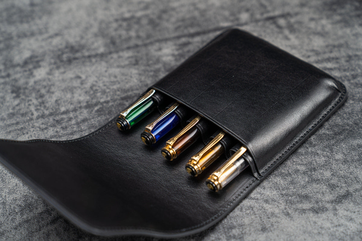 Galen Leather 5 Slots Flap Pen Case - Black