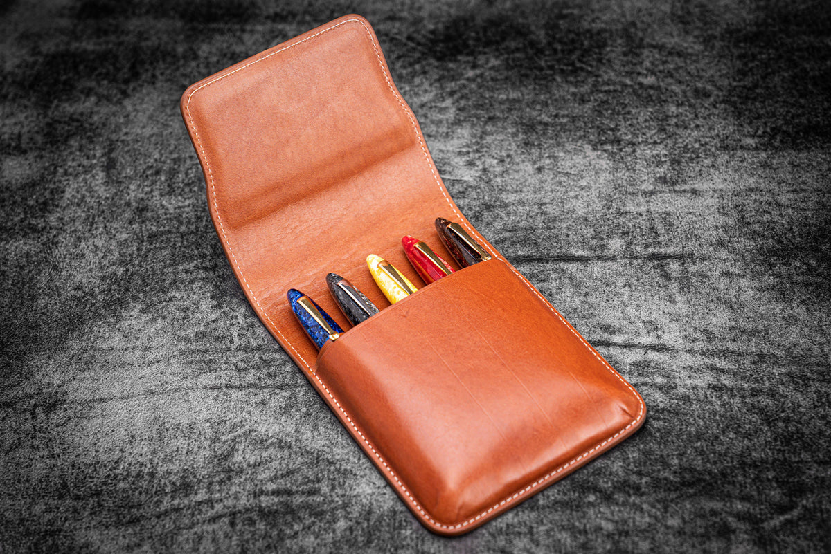 Galen Leather 5 Slots Flap Pen Case - Brown