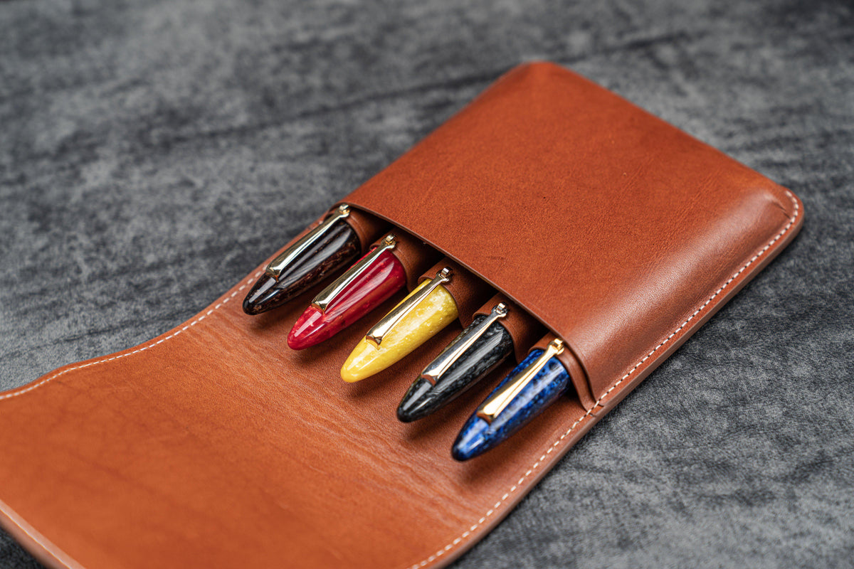 Galen Leather 5 Slots Flap Pen Case - Brown