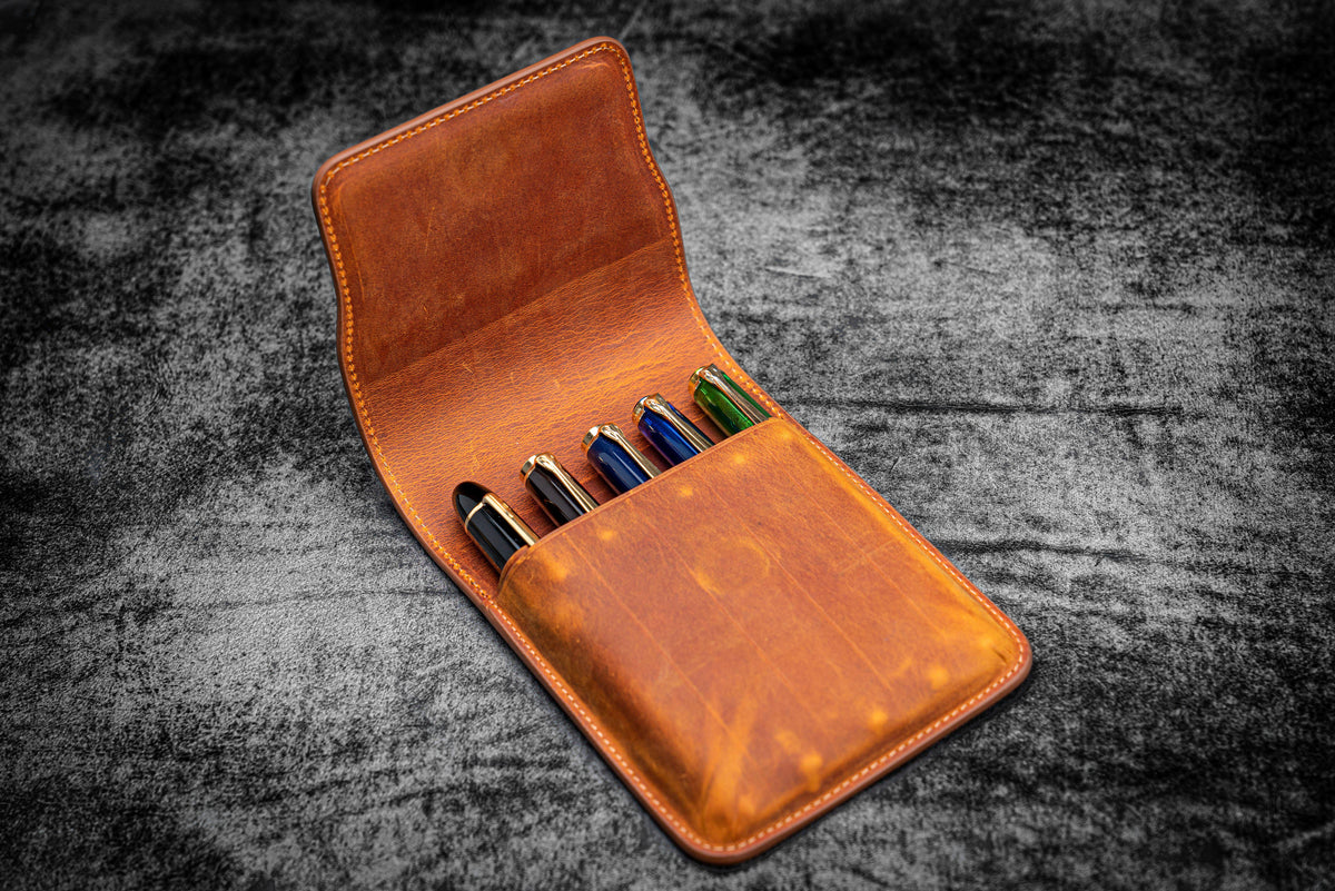 Galen Leather 5 Slots Flap Pen Case - Crazy Horse Brown