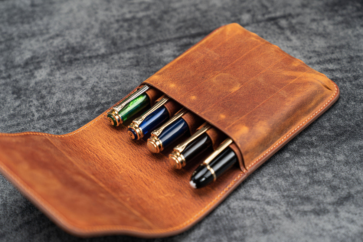 Galen Leather 5 Slots Flap Pen Case - Crazy Horse Brown