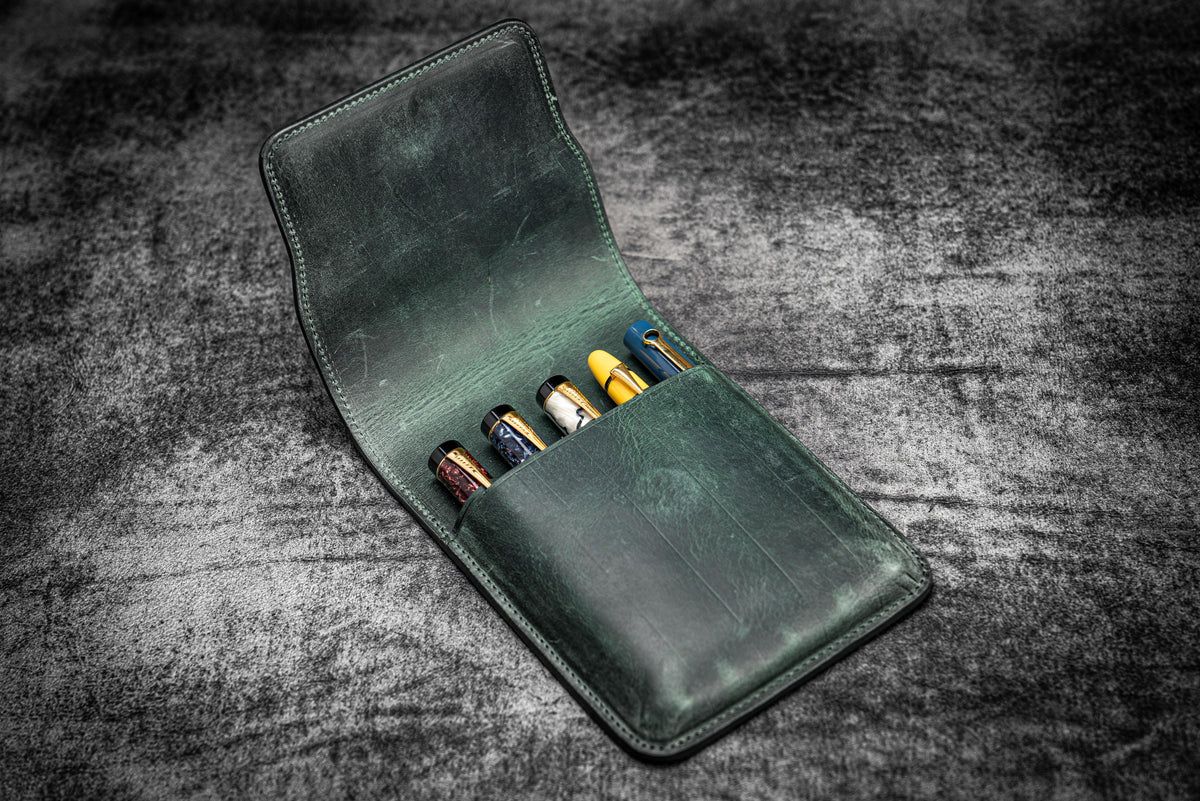 Galen Leather 5 Slots Flap Pen Case - Crazy Horse Forest Green