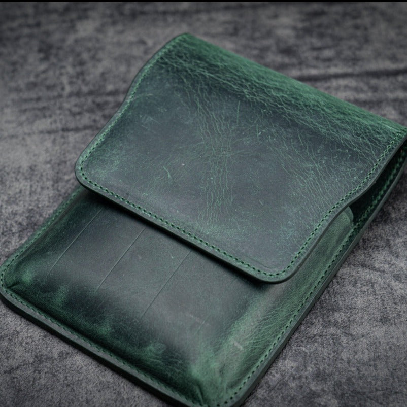 Galen Leather 5 Slots Flap Pen Case - Crazy Horse Forest Green