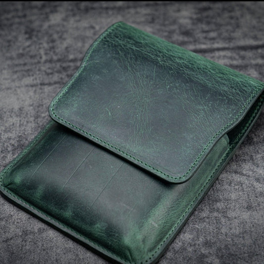 Galen Leather 5 Slots Flap Pen Case - Crazy Horse Forest Green