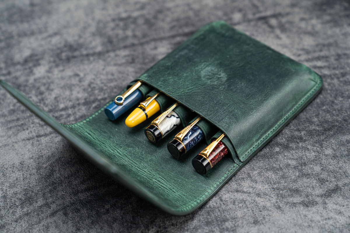 Galen Leather 5 Slots Flap Pen Case - Crazy Horse Forest Green