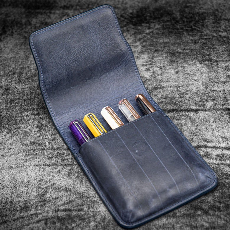 Galen Leather 5 Slots Flap Pen Case - Crazy Horse Navy Blue
