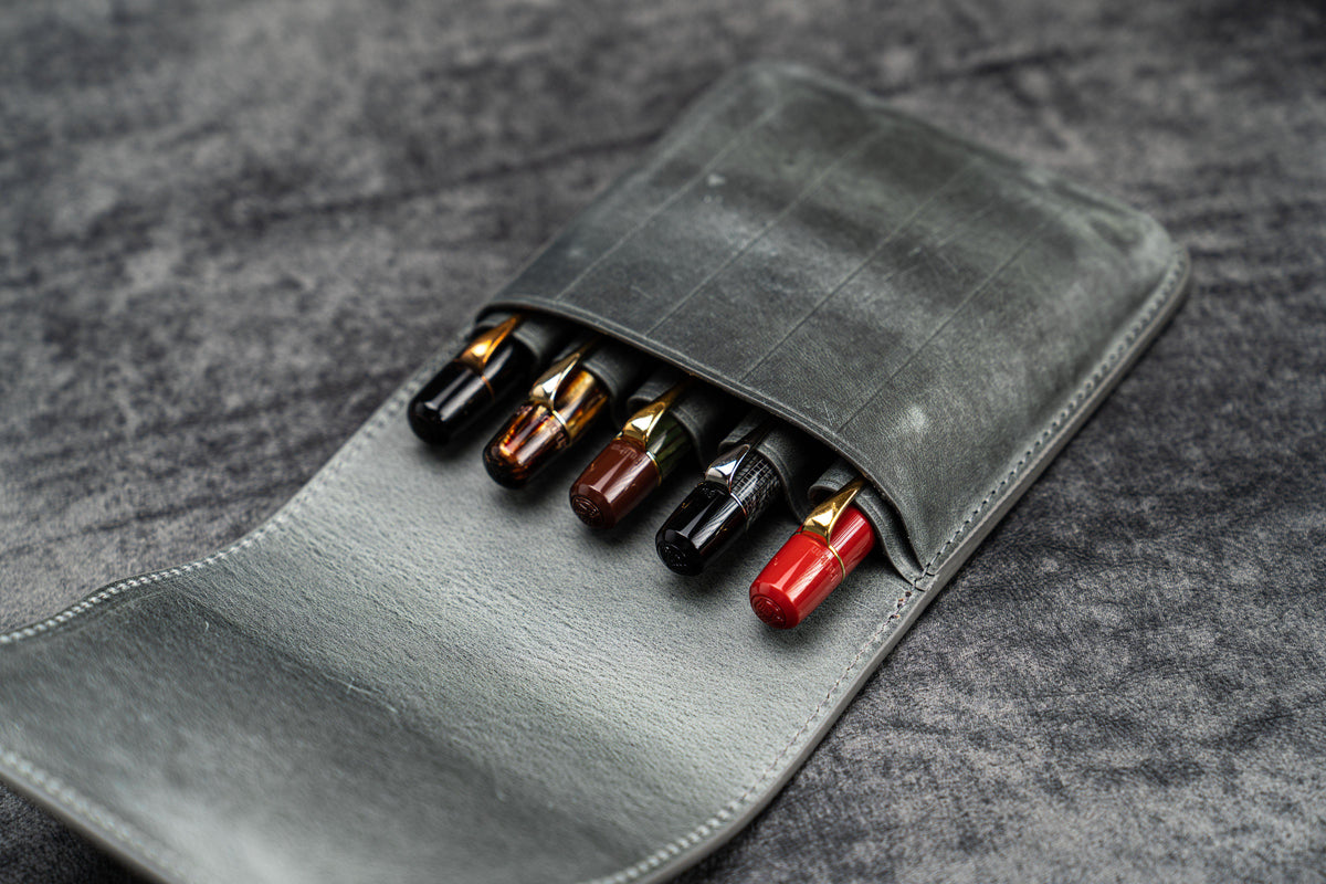 Galen Leather 5 Slots Flap Pen Case - Crazy Horse Smoky
