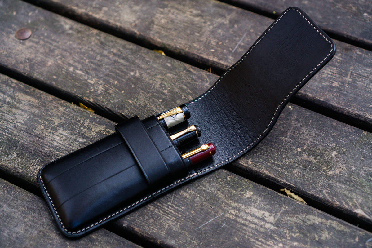Galen Leather 3 Slots Flap Pen Case - Black