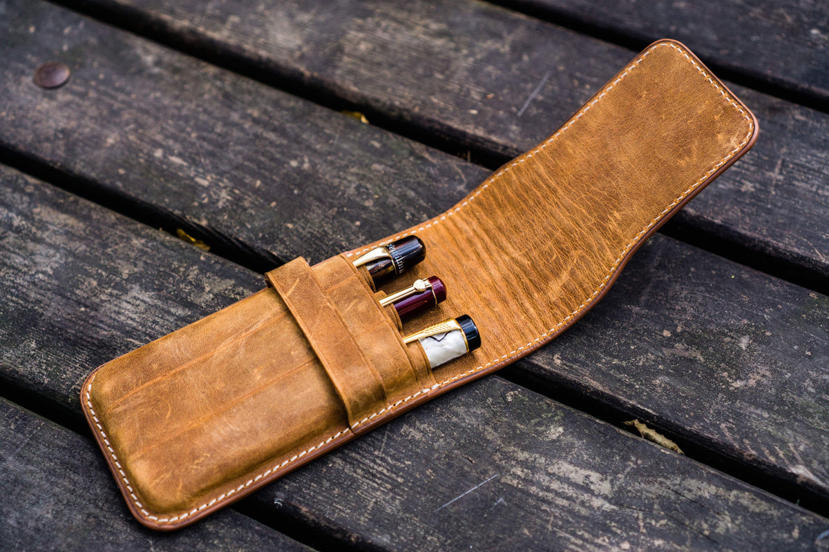 Galen Leather 3 Slots Flap Pen Case - Crazy Horse Brown