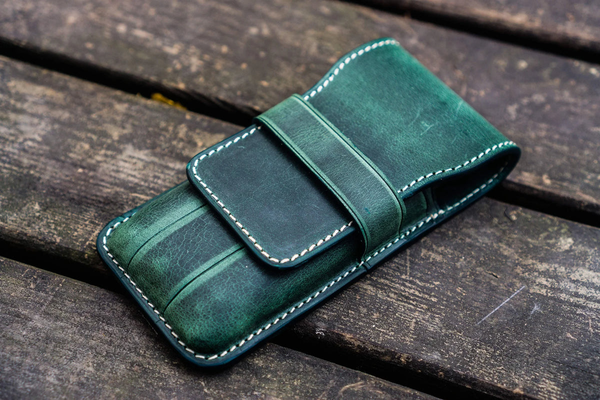 Galen Leather 3 Slots Flap Pen Case - Crazy Horse Forest Green
