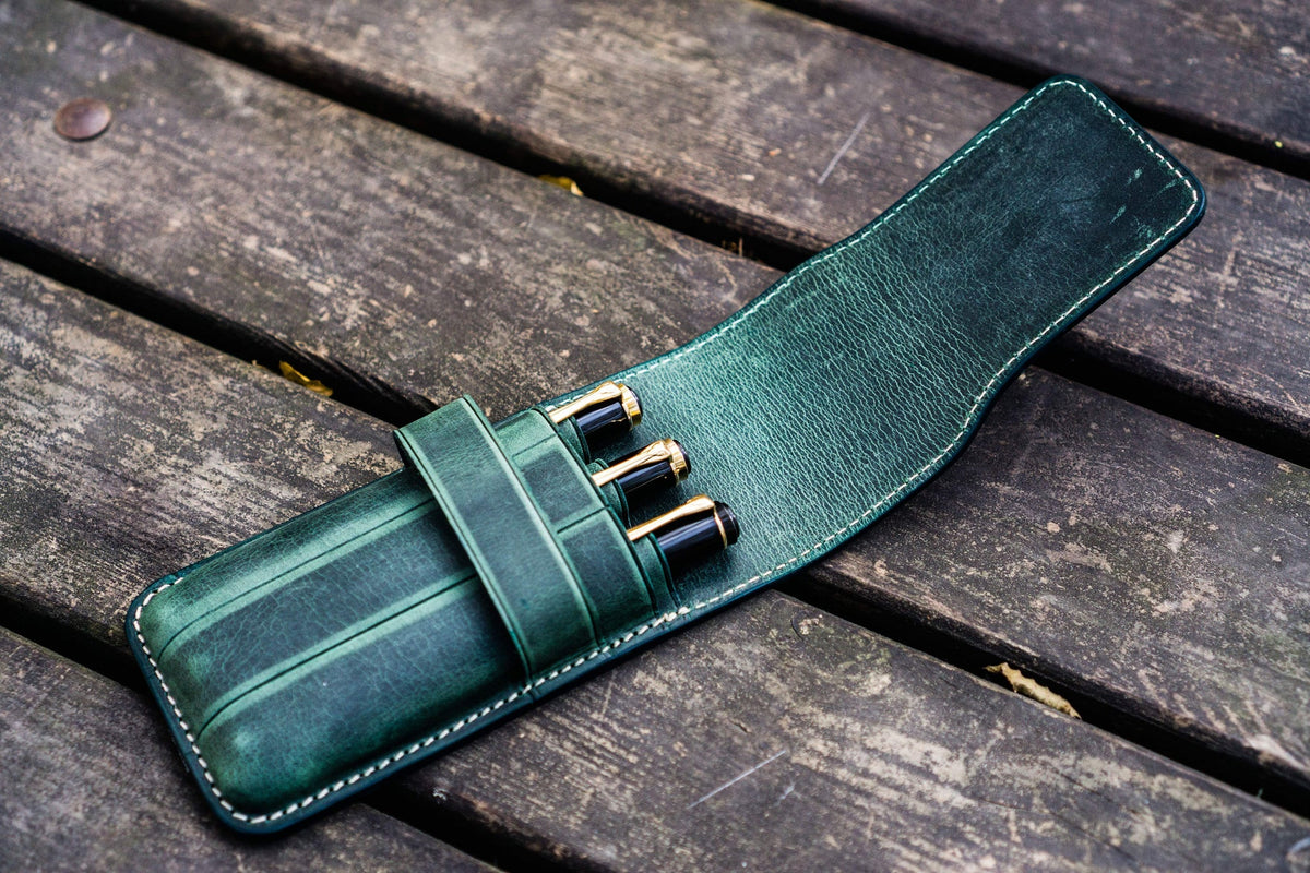 Galen Leather 3 Slots Flap Pen Case - Crazy Horse Forest Green
