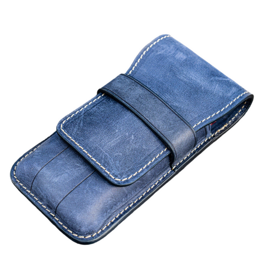 Galen Leather 3 Slots Flap Pen Case - Crazy Horse Navy Blue