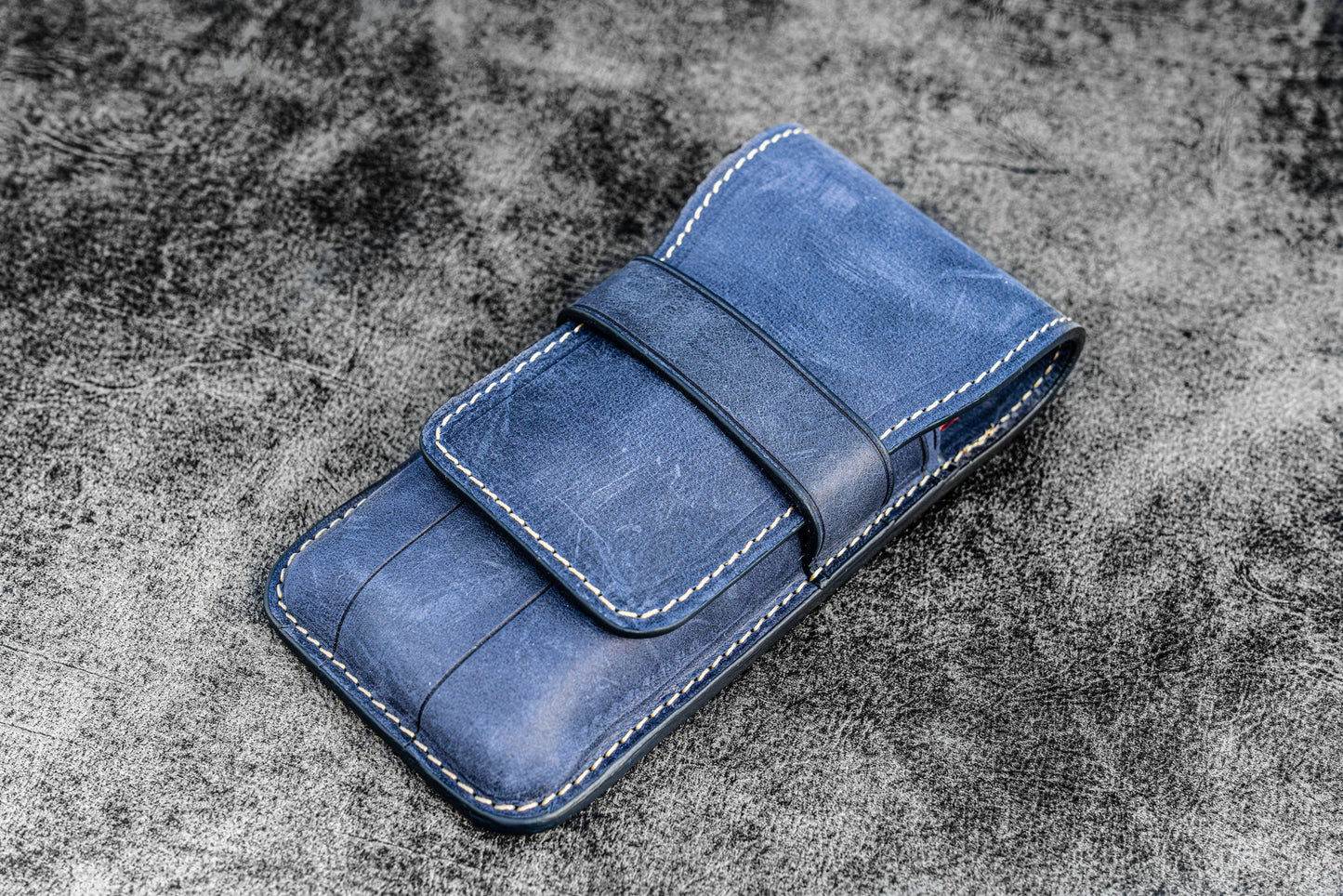 Galen Leather 3 Slots Flap Pen Case - Crazy Horse Navy Blue