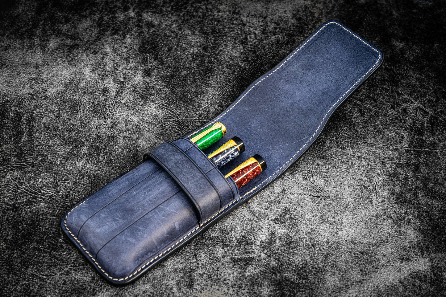 Galen Leather 3 Slots Flap Pen Case - Crazy Horse Navy Blue