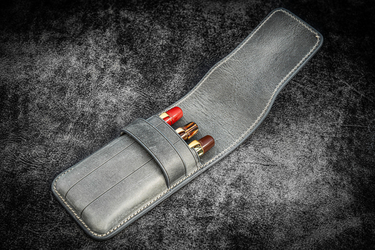Galen Leather 3 Slots Flap Pen Case - Crazy Horse Smoky