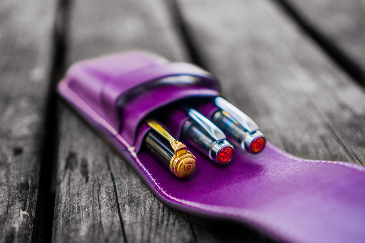 Galen Leather 3 Slots Flap Pen Case - Purple