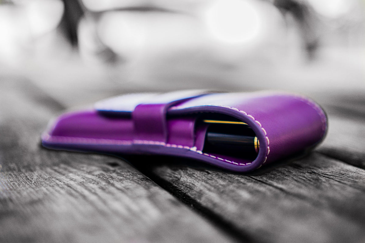 Galen Leather 3 Slots Flap Pen Case - Purple