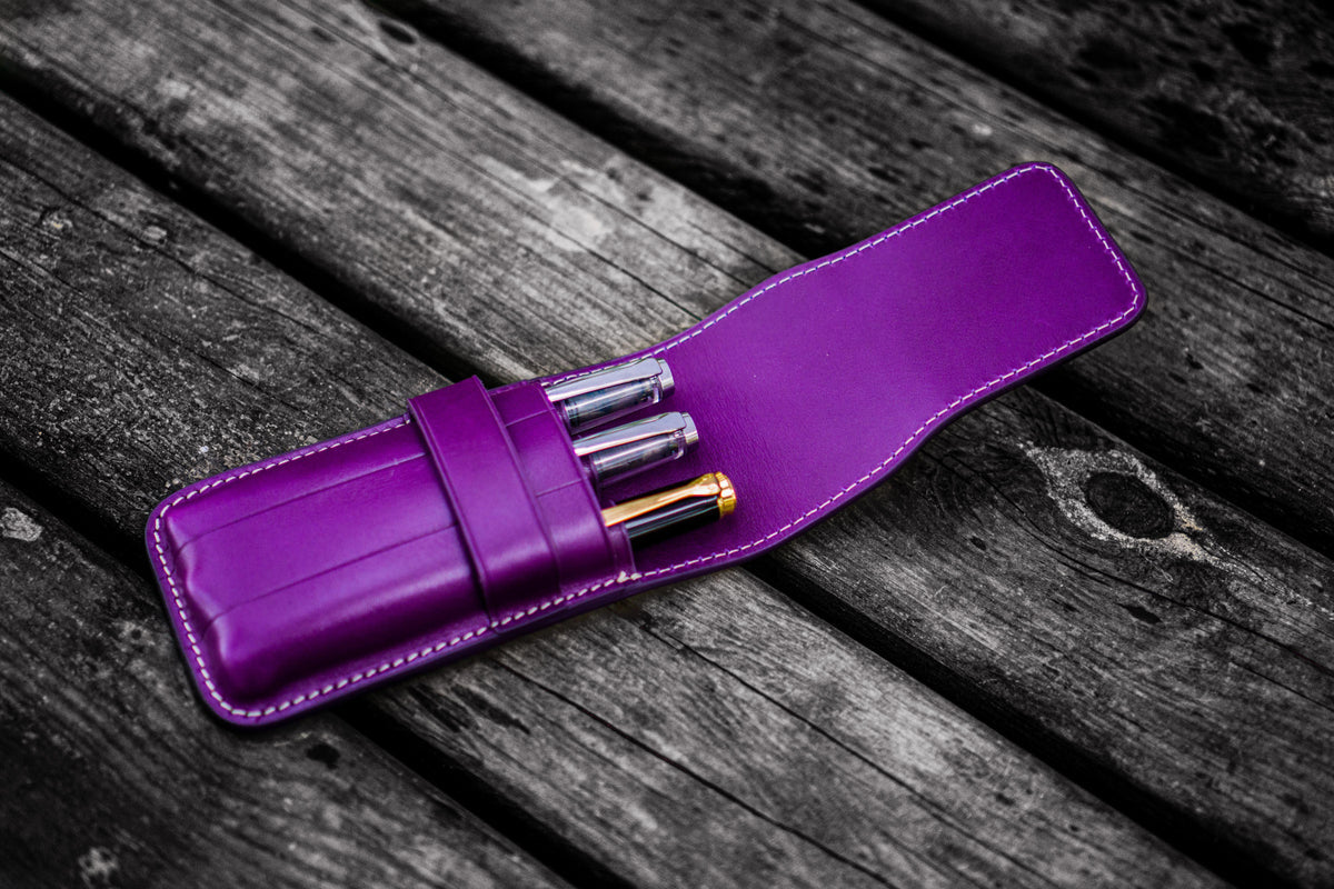 Galen Leather 3 Slots Flap Pen Case - Purple
