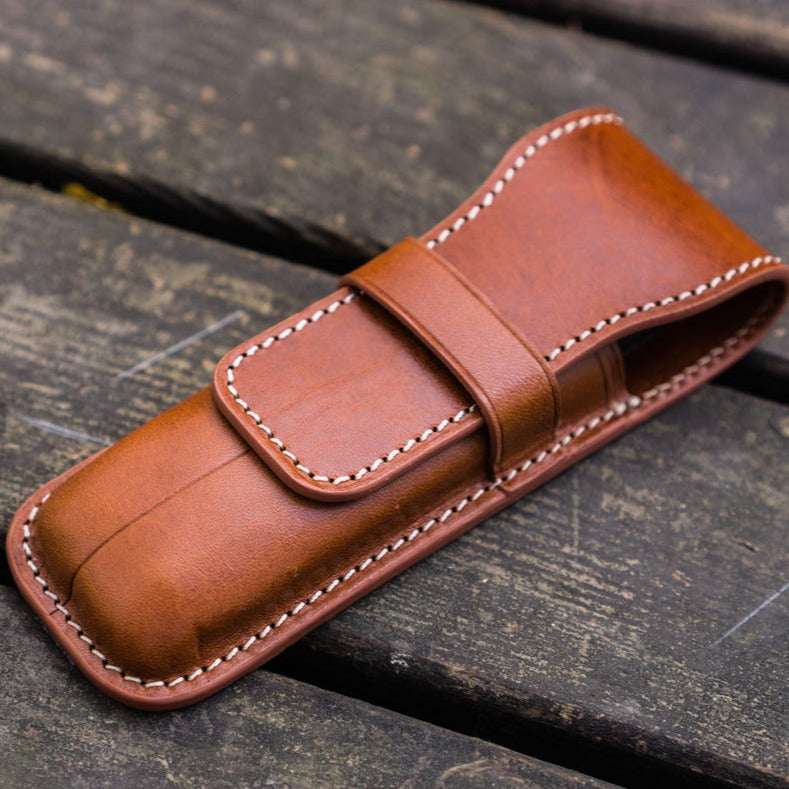 Galen Leather 2 Slots Flap Pen Case - Brown