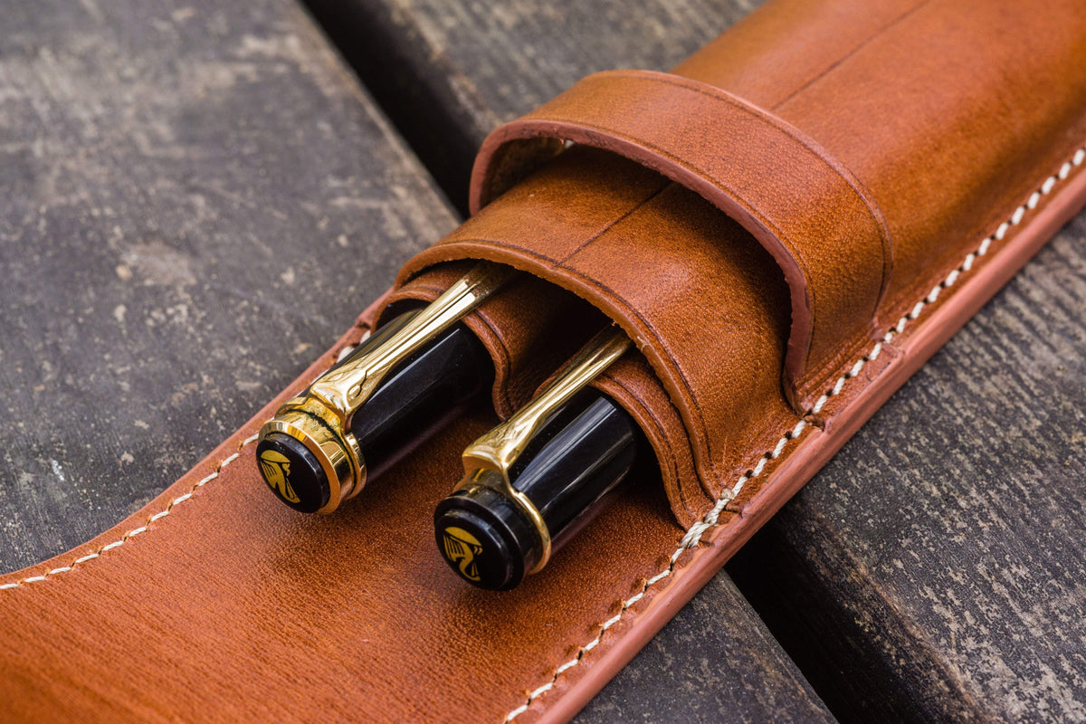 Galen Leather 2 Slots Flap Pen Case - Brown