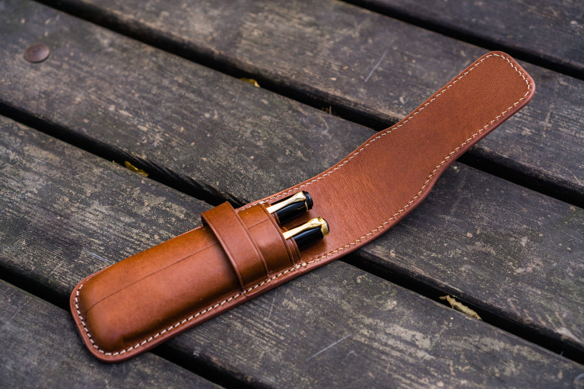 Galen Leather 2 Slots Flap Pen Case - Brown