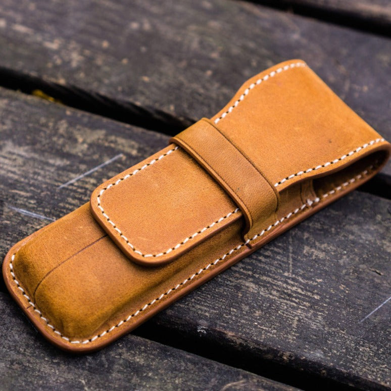 Galen Leather 2 Slots Flap Pen Case - Crazy Horse Brown