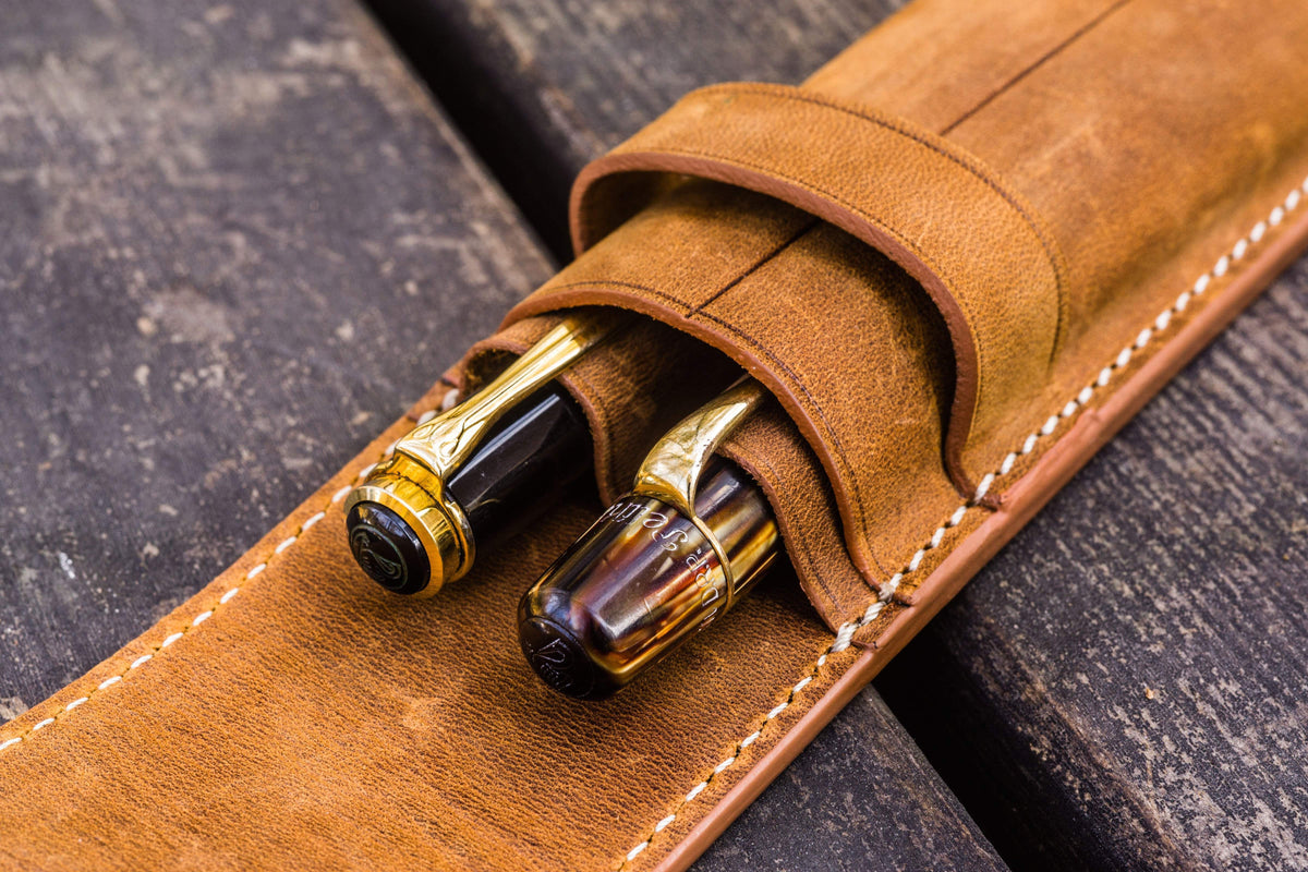 Galen Leather 2 Slots Flap Pen Case - Crazy Horse Brown