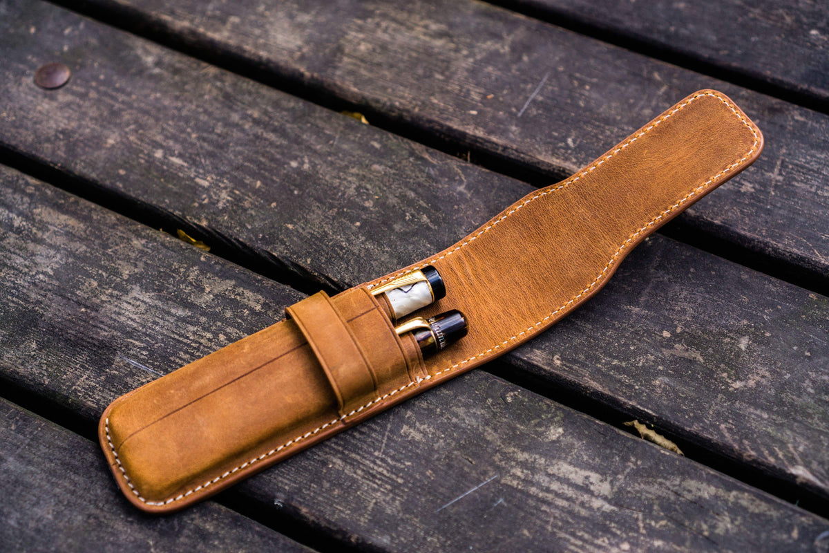 Galen Leather 2 Slots Flap Pen Case - Crazy Horse Brown