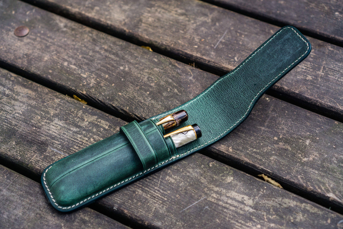 Galen Leather 2 Slots Flap Pen Case - Crazy Horse Forest Green