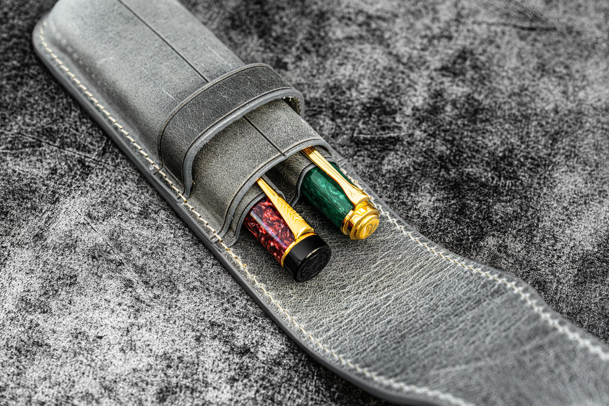 Galen Leather 2 Slots Flap Pen Case - Crazy Horse Smoky