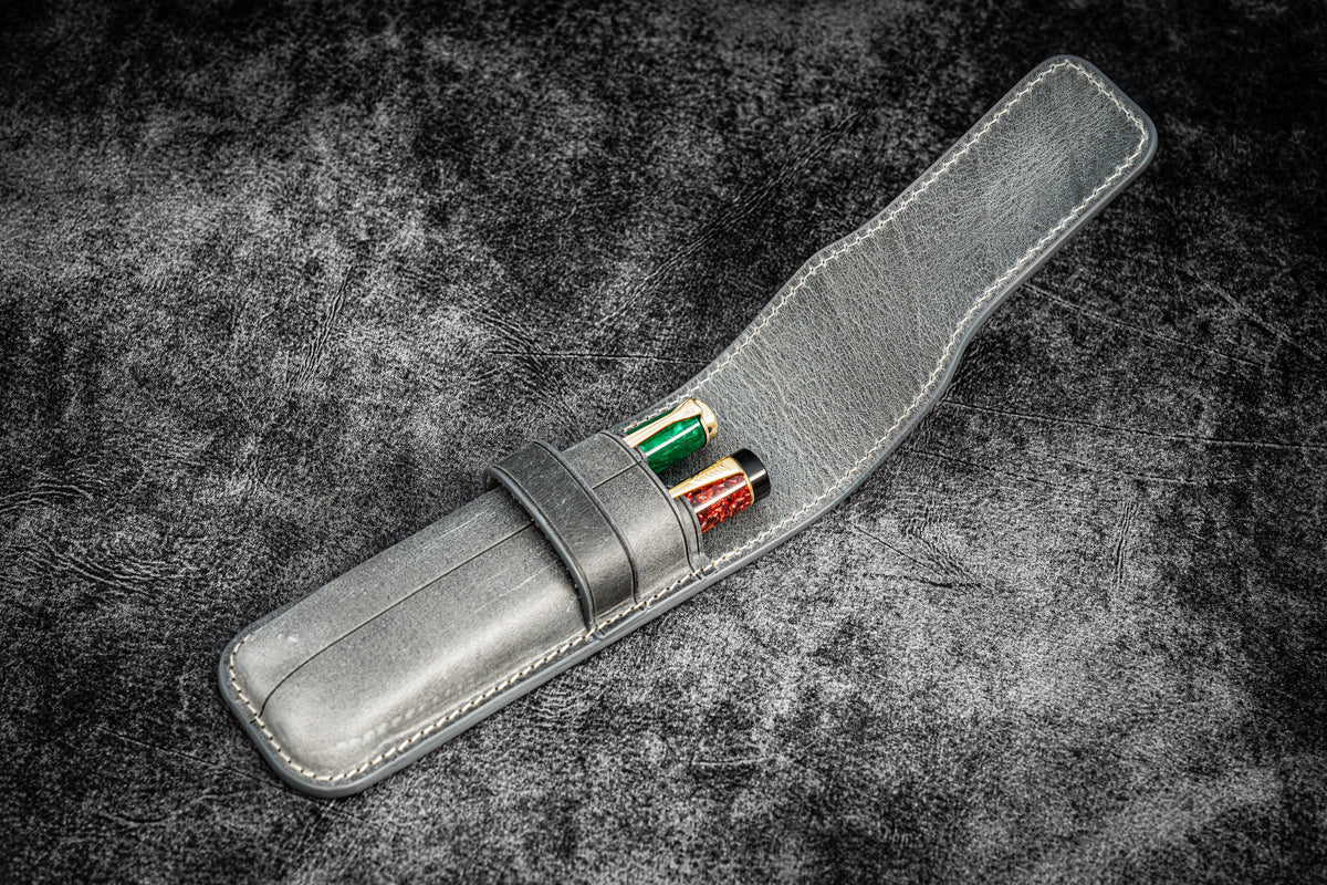 Galen Leather 2 Slots Flap Pen Case - Crazy Horse Smoky