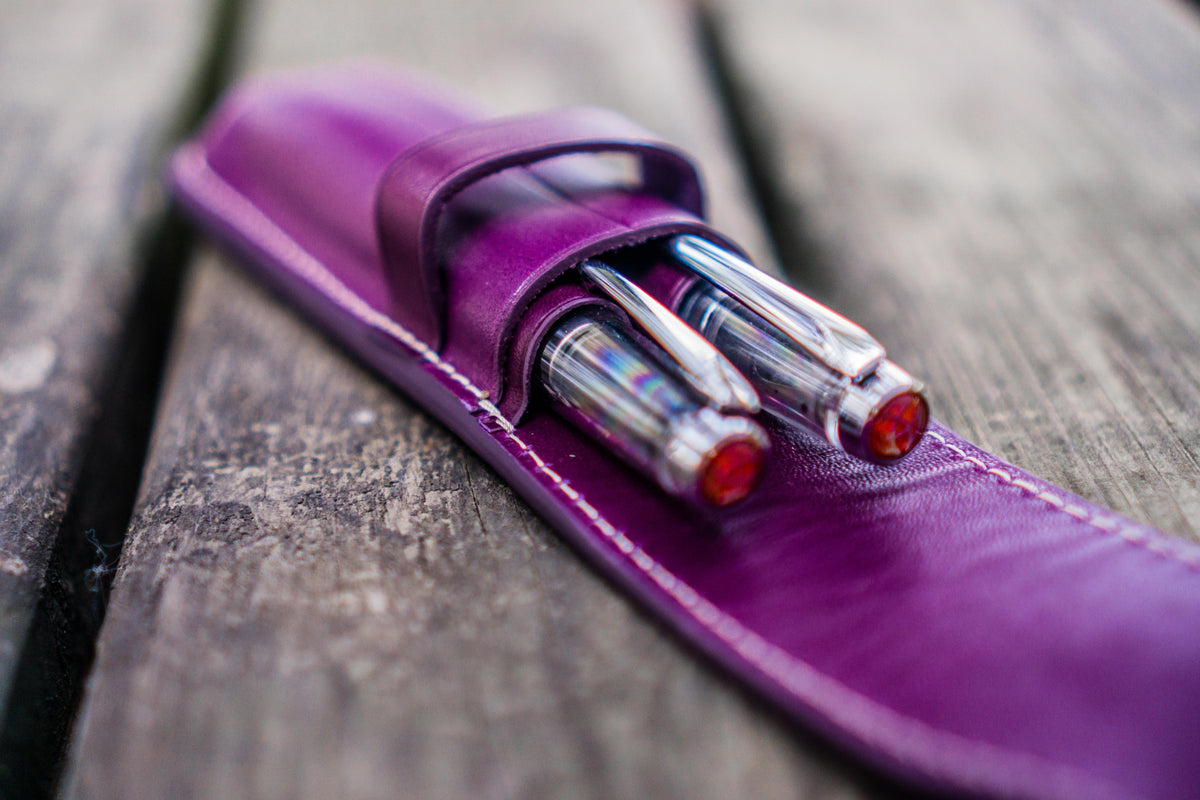 Galen Leather 2 Slots Flap Pen Case - Purple