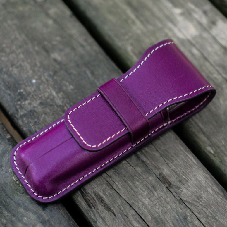 Galen Leather 2 Slots Flap Pen Case - Purple