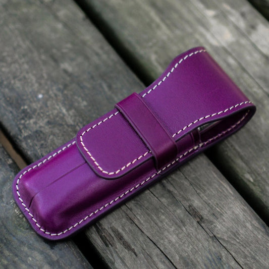 Galen Leather 2 Slots Flap Pen Case - Purple