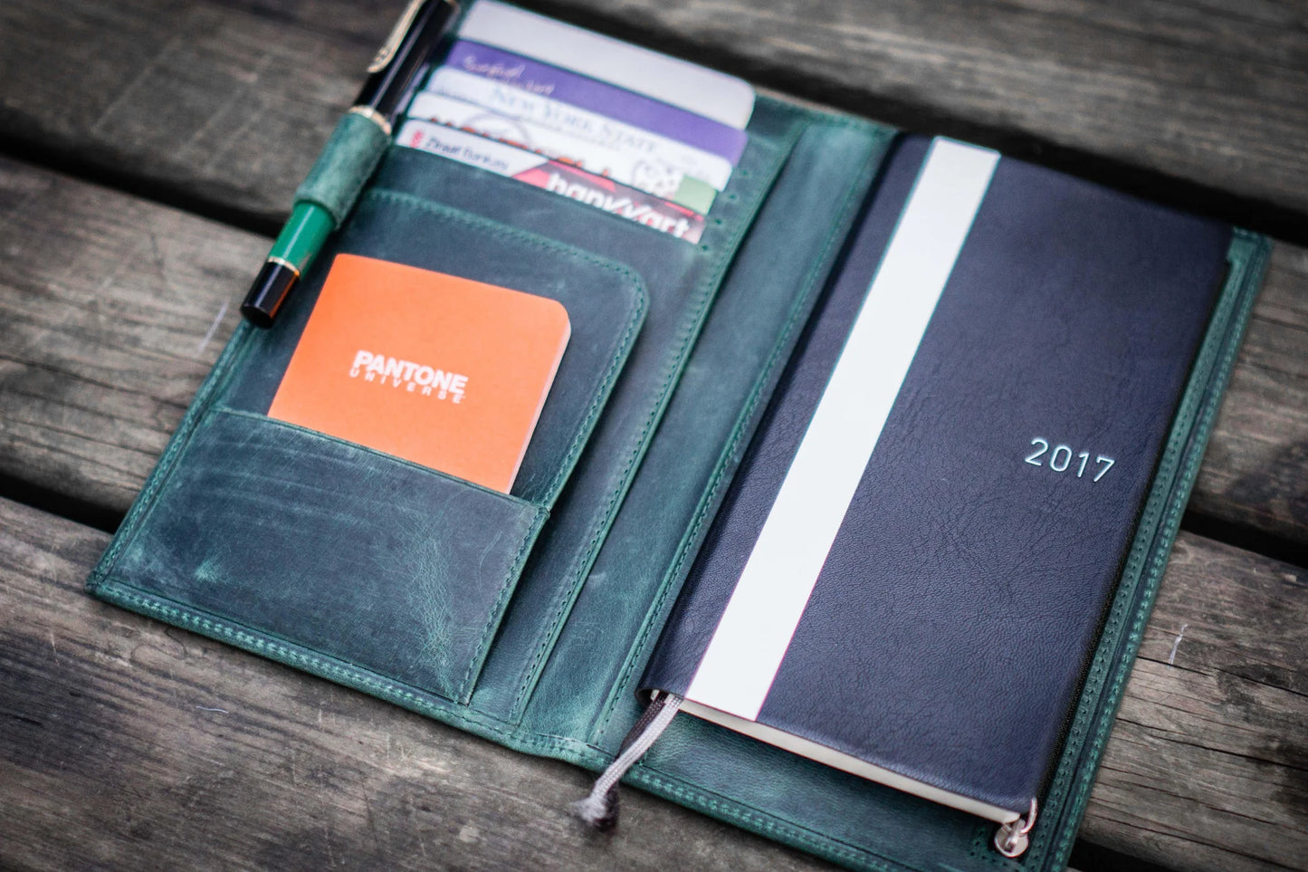 Galen Leather Wallet Insert for Traveler's Notebook Regular Size/Hobonichi Weeks Cover - Crazy Horse Forest Green