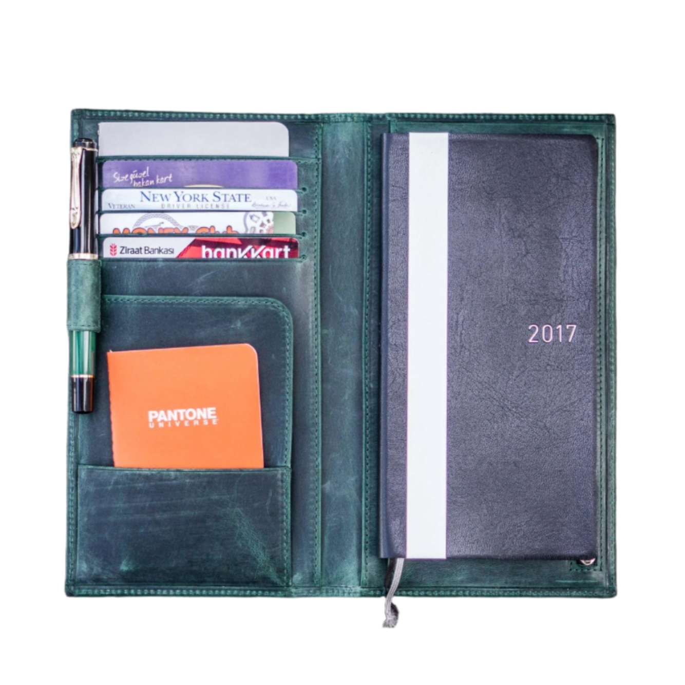 Galen Leather Wallet Insert for Traveler's Notebook Regular Size/Hobonichi Weeks Cover - Crazy Horse Forest Green