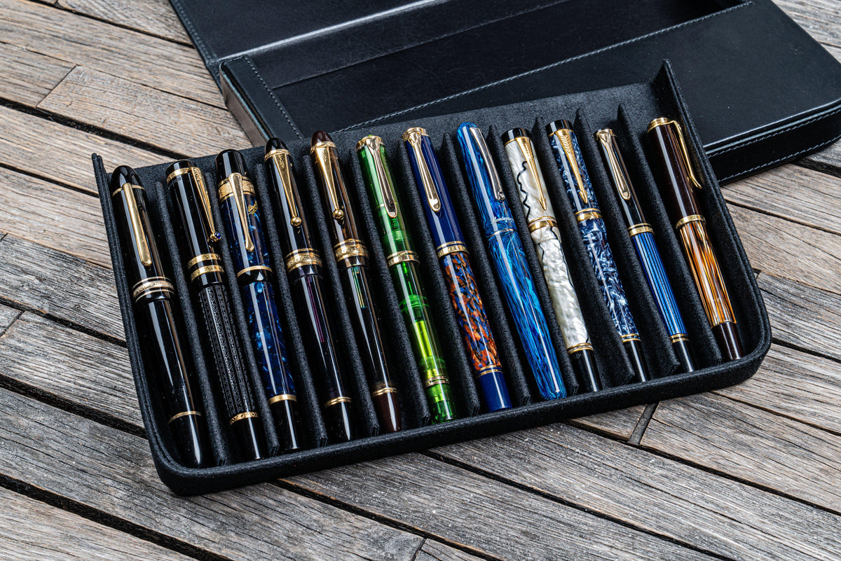 Galen Leather 12 Slots Magnum Opus Pen Case - Black (with Removable Pen Tray)