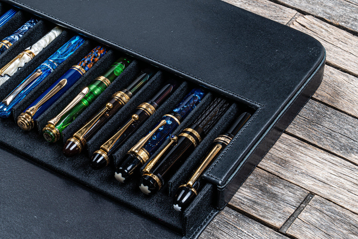 Galen Leather 12 Slots Magnum Opus Pen Case - Black (with Removable Pen Tray)