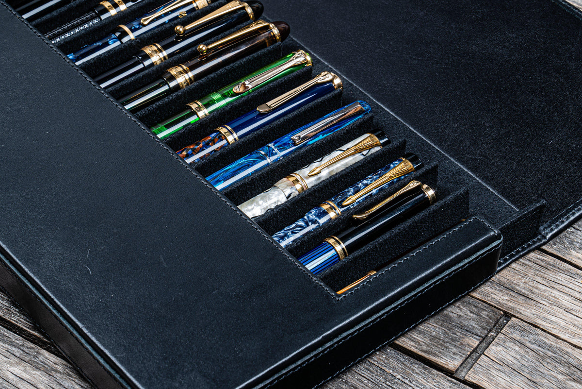 Galen Leather 12 Slots Magnum Opus Pen Case - Black (with Removable Pen Tray)