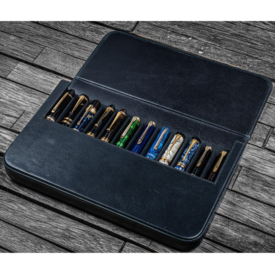 Galen Leather 12 Slots Magnum Opus Pen Case - Black (with Removable Pen Tray)