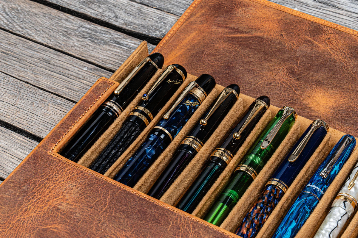 Galen Leather 12 Slots Magnum Opus Pen Case - Crazy Horse Brown (with Removable Pen Tray)