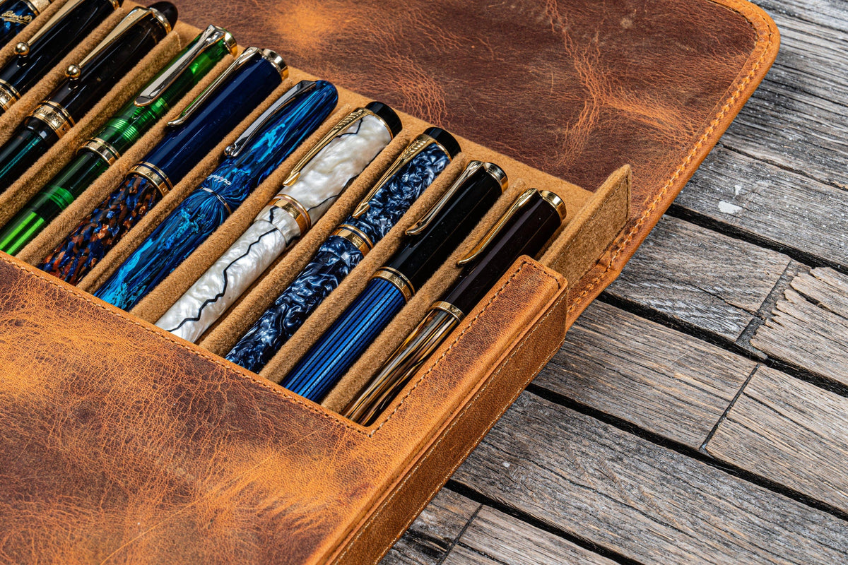 Galen Leather 12 Slots Magnum Opus Pen Case - Crazy Horse Brown (with Removable Pen Tray)