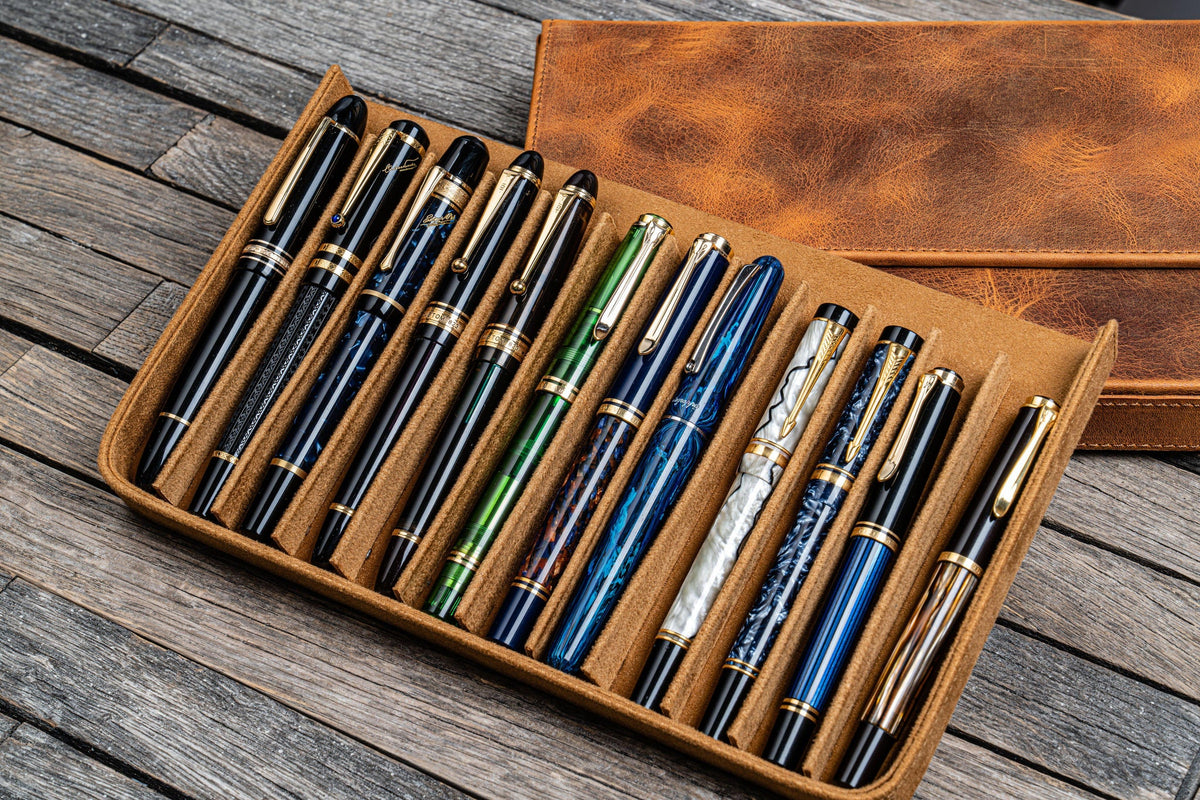 Galen Leather 12 Slots Magnum Opus Pen Case - Crazy Horse Brown (with Removable Pen Tray)