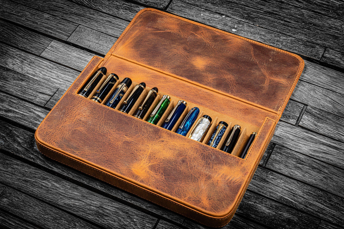 Galen Leather 12 Slots Magnum Opus Pen Case - Crazy Horse Brown (with Removable Pen Tray)