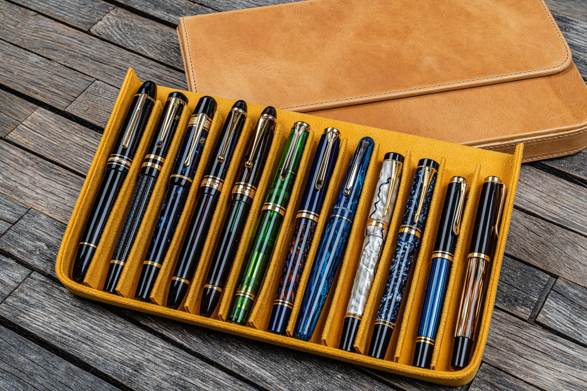 Galen Leather 12 Slots Magnum Opus Pen Case - Crazy Honey Ochre (with Removable Pen Tray)