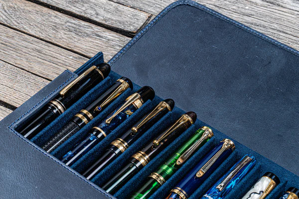 Galen Leather 12 Slots Magnum Opus Pen Case - Crazy Navy Blue (with Removable Pen Tray)