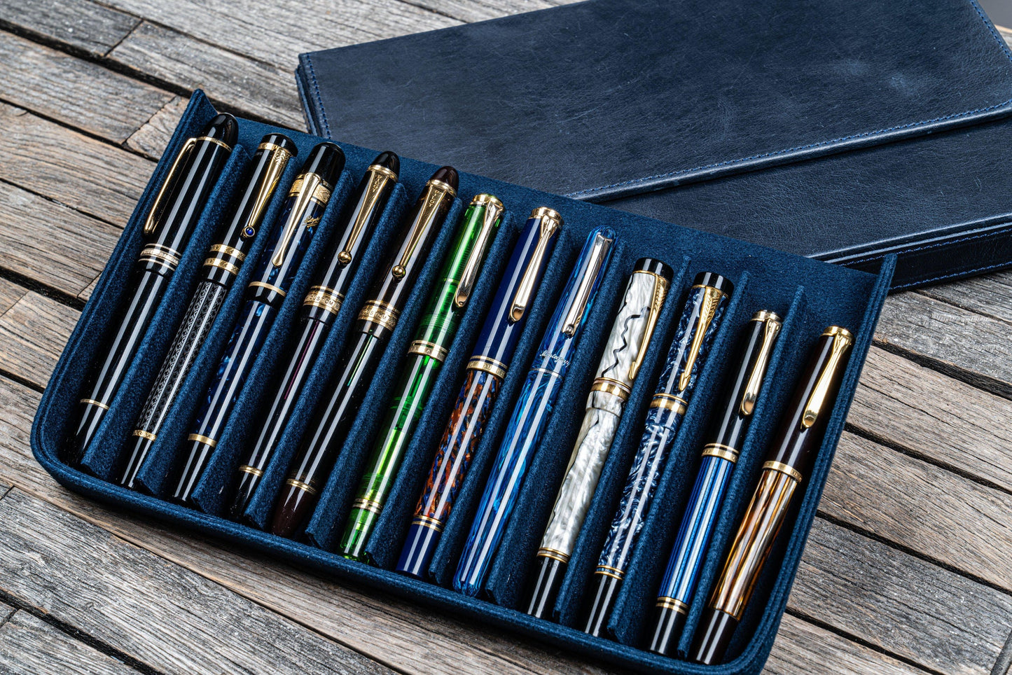 Galen Leather 12 Slots Magnum Opus Pen Case - Crazy Navy Blue (with Removable Pen Tray)